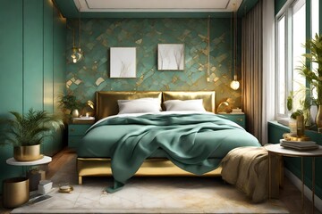 seagreen and golden small bedroom design