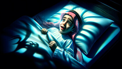 Little arab boy waking from a nightmare, colorful digital painting. Generative AI.