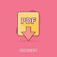 Fototapeta na wymiar Cartoon PDF file icon in comic style. PDF download sign illustration pictogram. Document splash business concept.