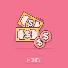 Cartoon money icon in comic style. Dollar money sign illustration pictogram. Coin splash business concept.