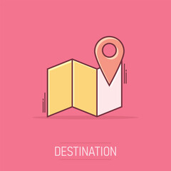 Cartoon map pin icon in comic style. Location gps illustration pictogram. Destination sign splash business concept.
