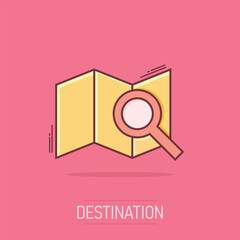 Cartoon map pin icon in comic style. Location gps illustration pictogram. Destination sign splash business concept.