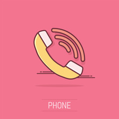 Cartoon phone icon in comic style. Call illustration pictogram. Contact sign splash business concept.