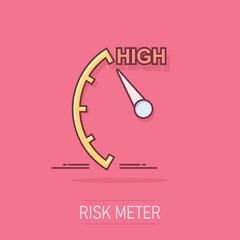 Cartoon high level icon in comic style. Speedometer, tachometer sign illustration pictogram. Risk meter splash business concept.