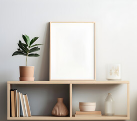 Fototapeta na wymiar Wooden poster frame beside a plant on a natural wood floating shelf, blending modern aesthetics with organic charm