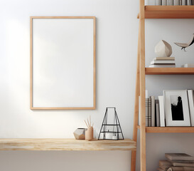  Horizontal wooden poster frame beside a sleek wooden shelving unit, blending modern aesthetics with timeless warmth