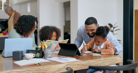Obraz premium Parents, kids and e learning with tablet, writing and support for education, development and studying at desk. Mother, father and children with computer, online course and home school in family house