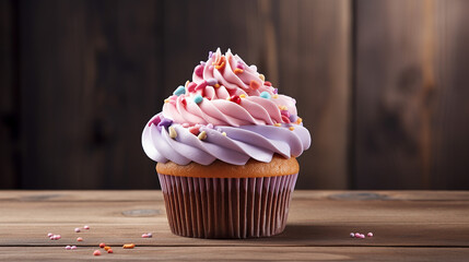 Cupcake isolated on wooden background. With clipping path. Made with generative ai - obrazy, fototapety, plakaty