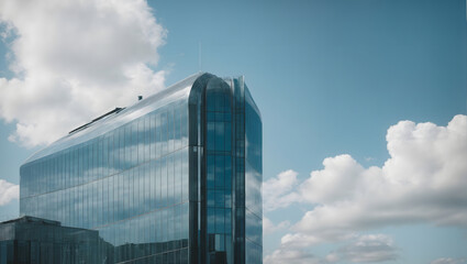 Architectural details of a glass-covered skyscraper, capturing the play of light and shadows against a partly cloudy sky.