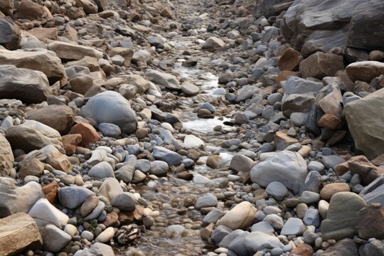 Stream bed with clear water, filtered through coarse gravel and sand Generative Ai