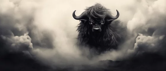 Fotobehang Bison bull beast roaming the prairie fields, shrouded in a dusty cloud, dangerous animal creature, mythical, huge and menacing horns, angry ready to charge and attack - sepia brown colortone. © SoulMyst