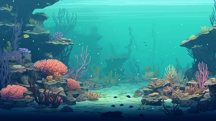 Fototapeten Pixel art game location Ocean floor with stones © BornHappy