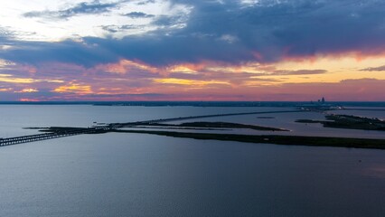 Mobile Bay causeway and the Jubilee Parkway bridge at sunset