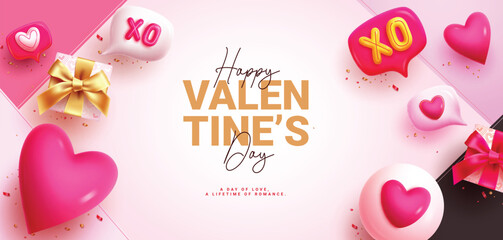 Happy valentine's day text vector banner. Valentine's day greeting card with inflatable heart balloon decoration elements for holiday season background. Vector illustration hearts day invitation card 