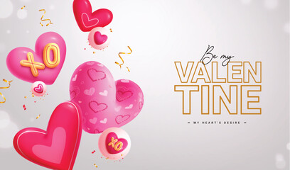 Valentine's day balloons heart vector design. Be my valentine greeting text with balloons heart inflatable elements for valentine's decoration background. Vector illustration hearts day invitation 