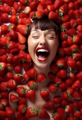Fototapeta na wymiar Woman is laughing and surrounded by strawberries. Girl hides behind the food, strawberries background, fruit banner from the harvest of ripe organic strawberries.
