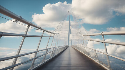 Close-up of a modern bridge's suspension cables with the sky and clouds as a backdrop. 3D rendering.