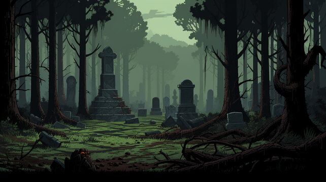 Fantastic Pixel art game location A haunted forest with graves