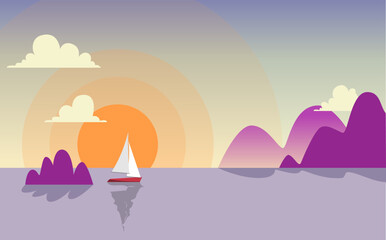 beautiful and clean summer sunset sea with mountains vector design