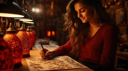 Fototapeta premium Young Woman Decorates Sets Festive Christmas , Wallpaper Pictures, Background Hd