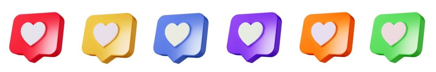 Set of heart in speech bubble multicolored icons isolated on a white background. Love like heart social media notification icon. Emoji, chat and Social Network. 3d rendering, 3d illustration