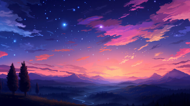 Pixel Art Star Sky at Sunset Time