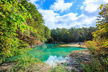 初秋の五色沼群　青沼　福島県北塩原村　Goshikinuma in early autumn. Blue Swamp....
