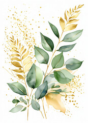 Watercolor Eucalyptus leaves greend and gold border design frame background