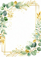 Watercolor Eucalyptus leaves greend and gold border design frame background