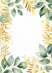 Fototapeta na wymiar Watercolor Eucalyptus leaves greend and gold border design frame background