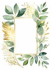 Watercolor Eucalyptus leaves greend and gold border design frame background