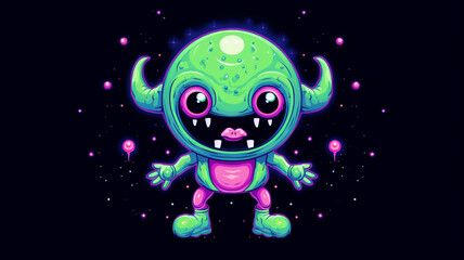 Alien in Outer Space Cute Monster in Pixel Art
