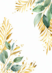 Watercolor Eucalyptus leaves greend and gold border design frame background