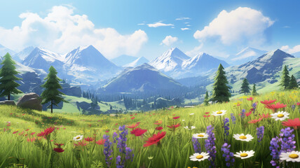 Amazing Cute Meadow Area with Mountains and Flowers