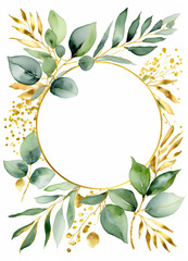 Watercolor Eucalyptus leaves greend and gold border design frame background