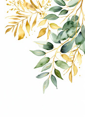 Watercolor Eucalyptus leaves greend and gold border design frame background