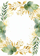 Watercolor Eucalyptus leaves greend and gold border design frame background