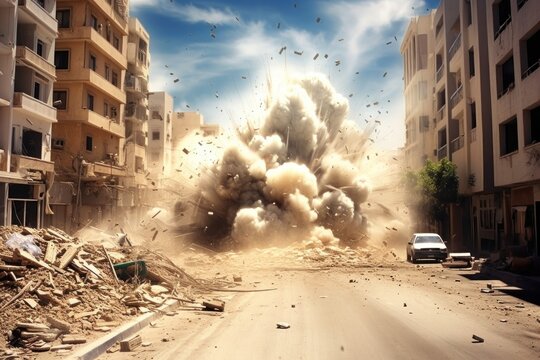 photorealistic image of a bomb explosion in a realistic war zone