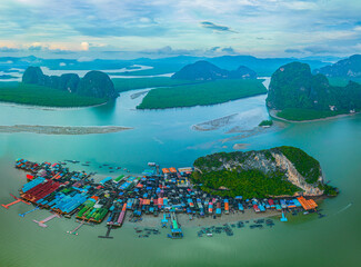 Aerial view of Koh Panyee A remote island village, there are many islands .and intact mangrove...