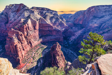 Zion National Park, Utah, USA. Beautiful landscapes, primeval nature, views of incredibly picturesque rocks and mountains. Concept, tourism, travel, landmark
