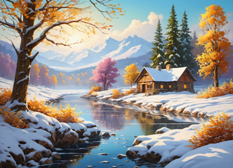 Naklejka na ściany i meble Paceful rustic winter landscape illustration