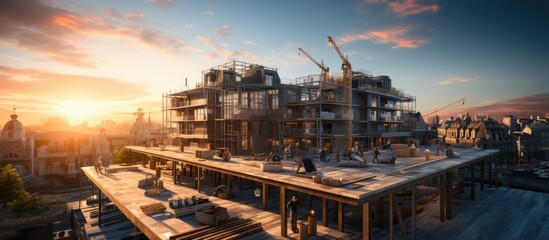 building site, construction site at sunset - obrazy, fototapety, plakaty
