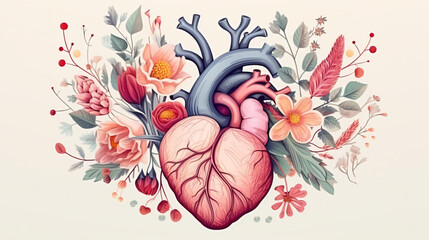 Beautiful anatomic heart with flowers and leaves.