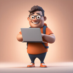 Children education online, cartoon boy using laptop, happy children in digital classroom school concept, internet e-learning, characters working at home on internet online. 3D illustrations character.