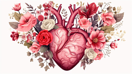 Beautiful anatomic heart with flowers and leaves. - obrazy, fototapety, plakaty