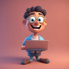 Children education online, cartoon boy using laptop, happy children in digital classroom school concept, internet e-learning, characters working at home on internet online. 3D illustrations character.