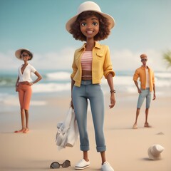 Happy young woman traveler holding cloth bag while stand 3D character illustration.