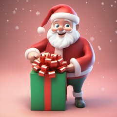 Happy Santa Claus character holding gift box 3D illustration.