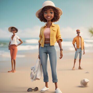 Happy young woman traveler holding cloth bag while stand 3D character illustration.