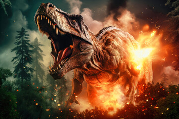 Tyrannosaurus T-rex ,dinosaur on smoke and fire background. Dinosaur in the ancient jungle....